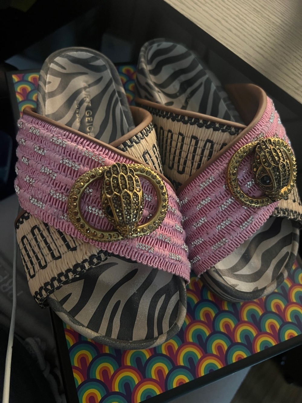 Kurt Geiger Pink Braided Slide Sandals with Gold Embellished Buckles